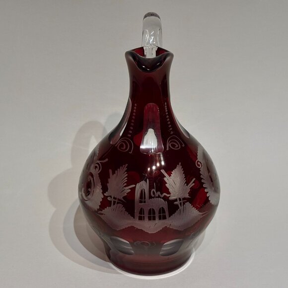 Egermann Bohemian Ruby Red Cut To Clear Etched Glass Cruet Czech Republic 8” - Picture 5 of 12